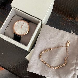 Michael Kors rose gold leather strap watch & MK rose gold bracelet